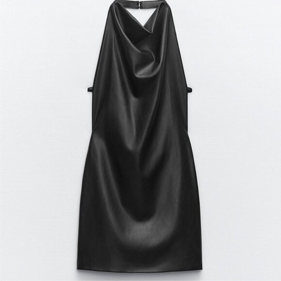 NWT Zara Faux Leather Effect Halter Neck Mini Dress New Black Party Vegas Medium - Picture 1 of 13